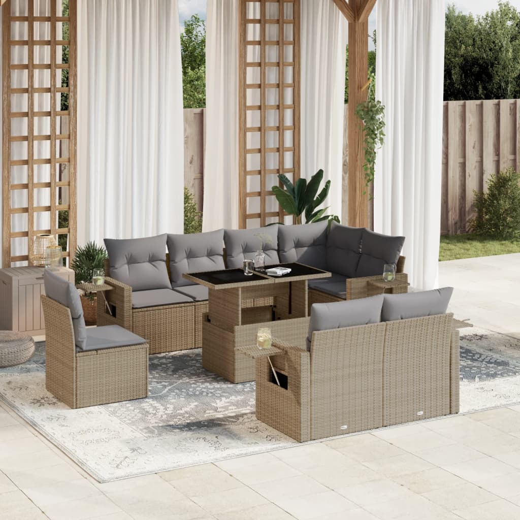 9-Tlg. Garten-Sofagarnitur Mit Kissen Beige Poly Rattan