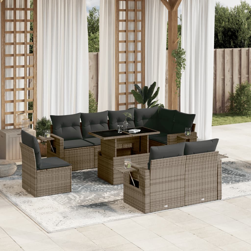 9-Tlg. Garten-Sofagarnitur Mit Kissen Beige Poly Rattan