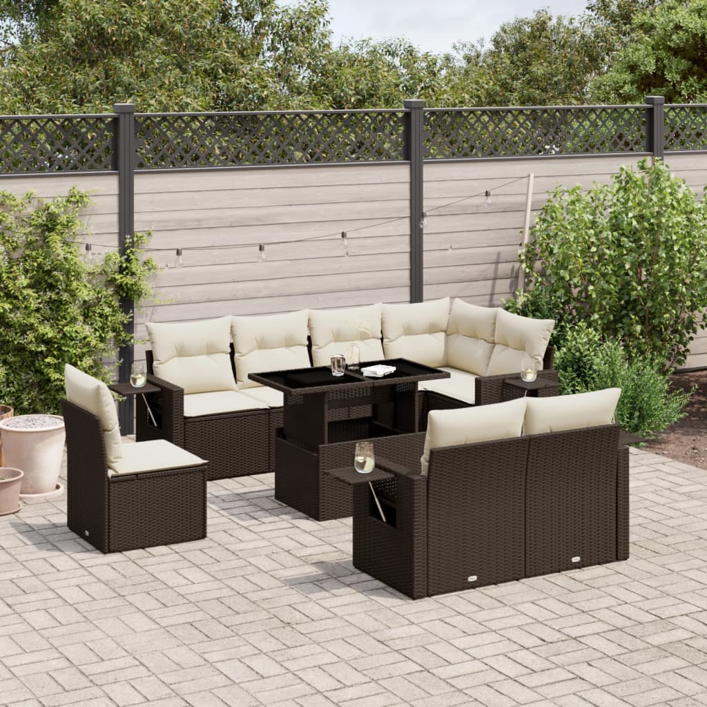 9-Tlg. Garten-Sofagarnitur Mit Kissen Beige Poly Rattan