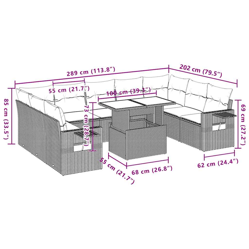 10-Teiliges Gartensofa-Set Mit Kissen, Es Polyrattan