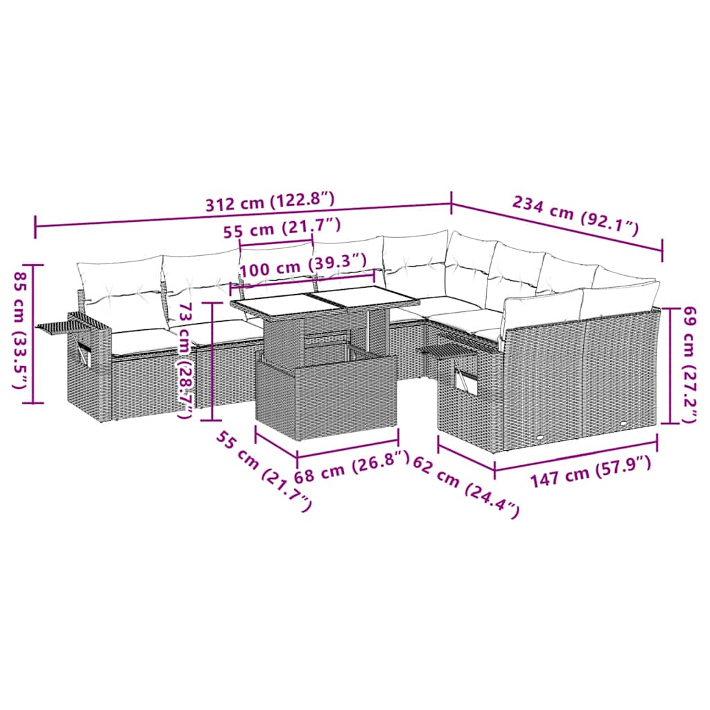 10-Teiliges Gartensofa-Set Mit Kissen, Es Polyrattan