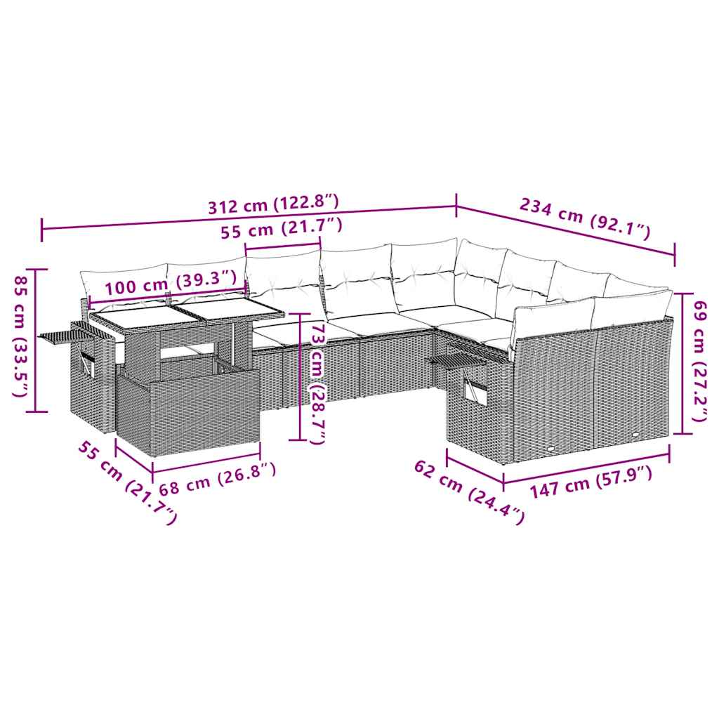 10-Teiliges Gartensofa-Set Mit Kissen, Es Polyrattan