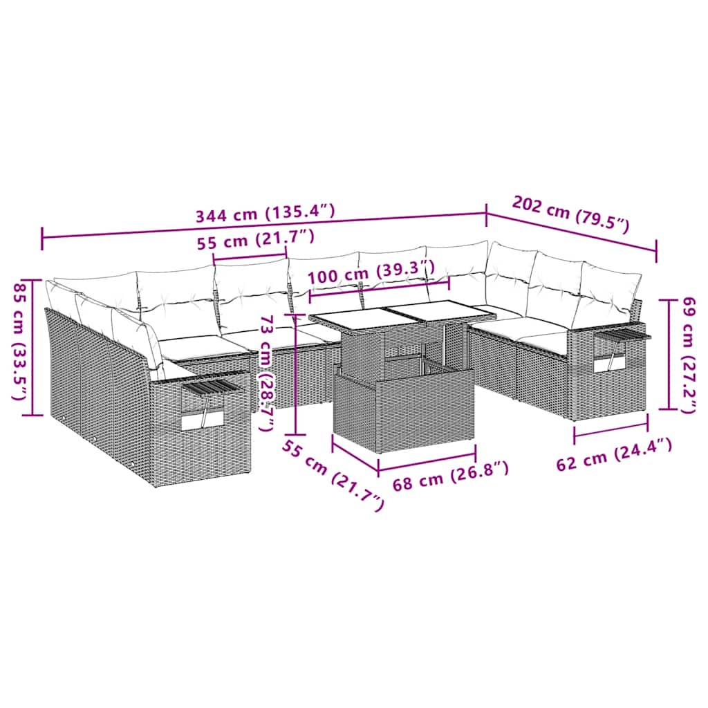 11-Teiliges Gartensofa-Set Mit Kissen, Es Polyrattan