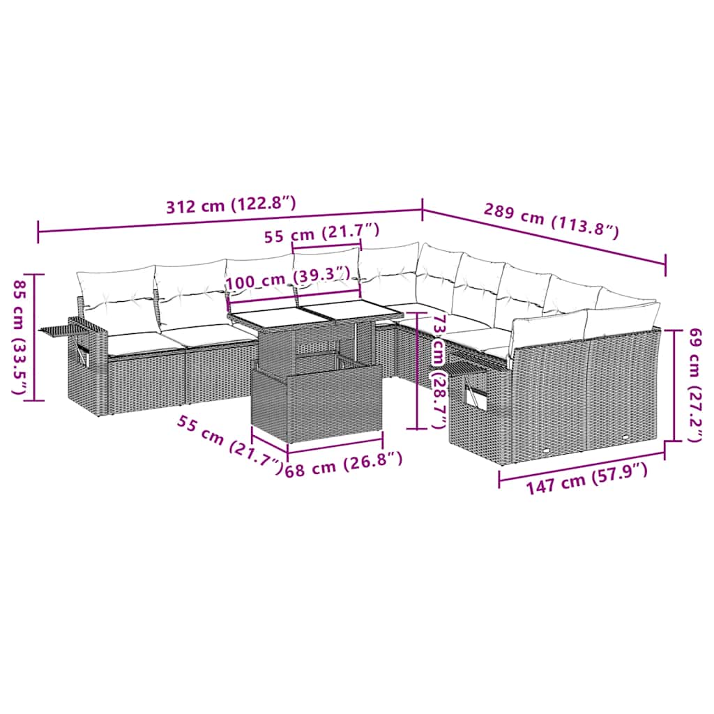 11-Teiliges Gartensofa-Set Mit Kissen, Es Polyrattan