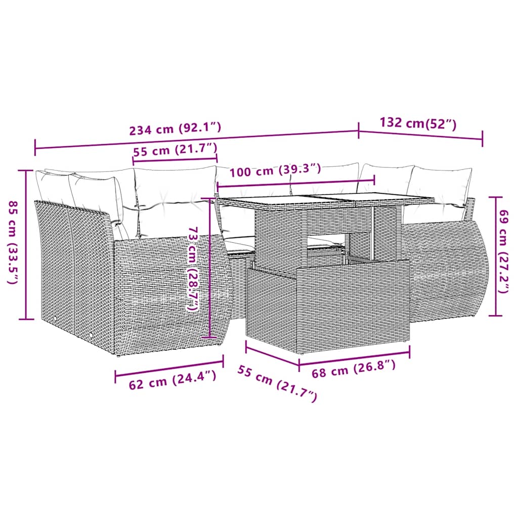 7-Teiliges Gartensofa-Set Mit Kissen, Es Polyrattan