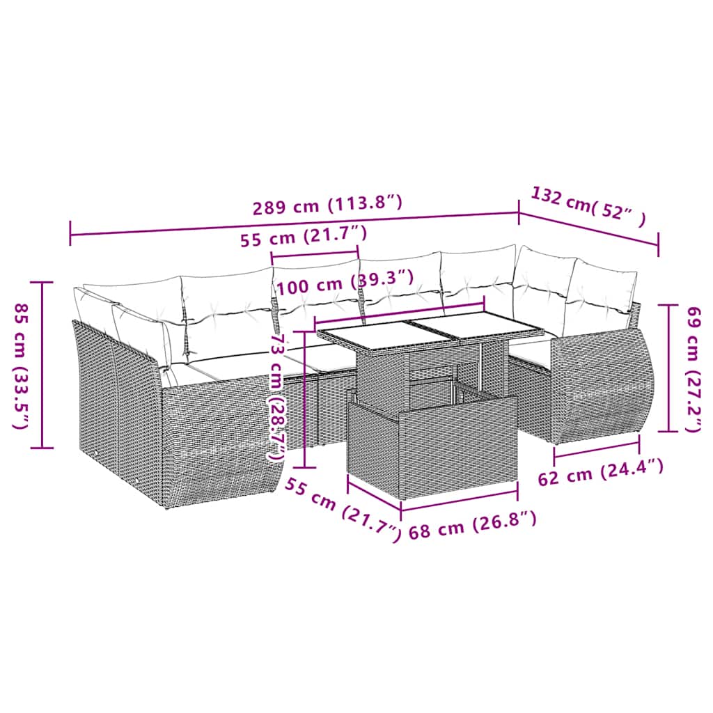 8-Teiliges Gartensofa-Set Mit Kissen, Es Polyrattan