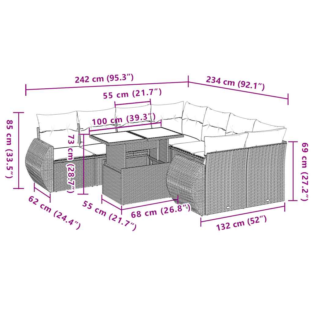 9-Teiliges Gartensofa-Set Mit Kissen, Es Polyrattan