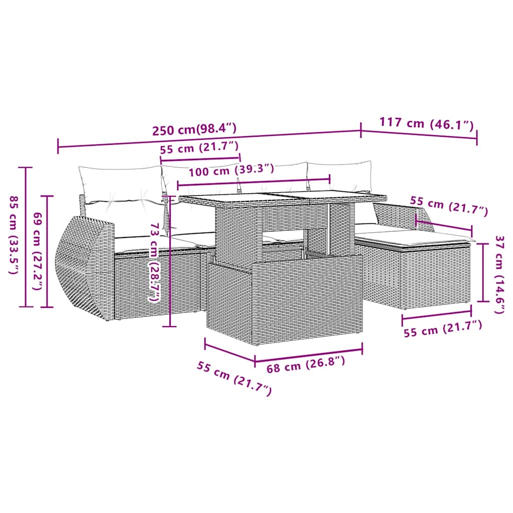 6-Teiliges Gartensofa-Set Mit Kissen, Es Polyrattan
