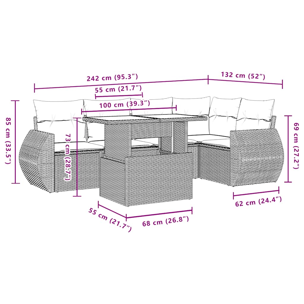 6-Teiliges Gartensofa-Set Mit Kissen, Es Polyrattan