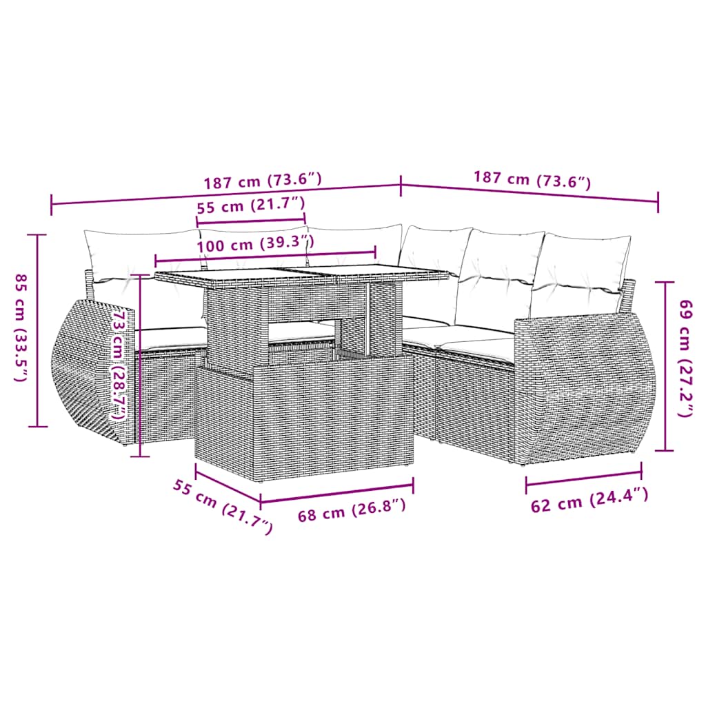 6-Teiliges Gartensofa-Set Mit Kissen, Es Polyrattan
