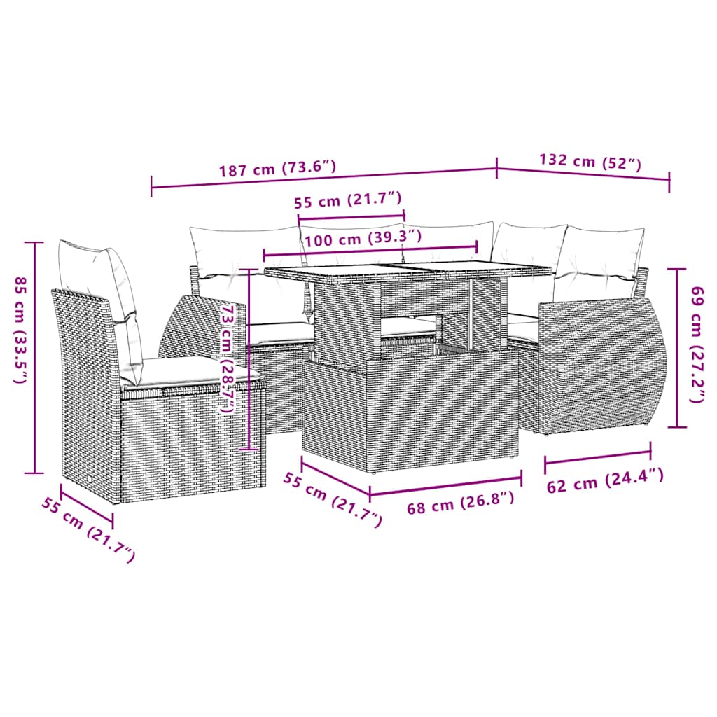6-Teiliges Gartensofa-Set Mit Kissen, Es Polyrattan