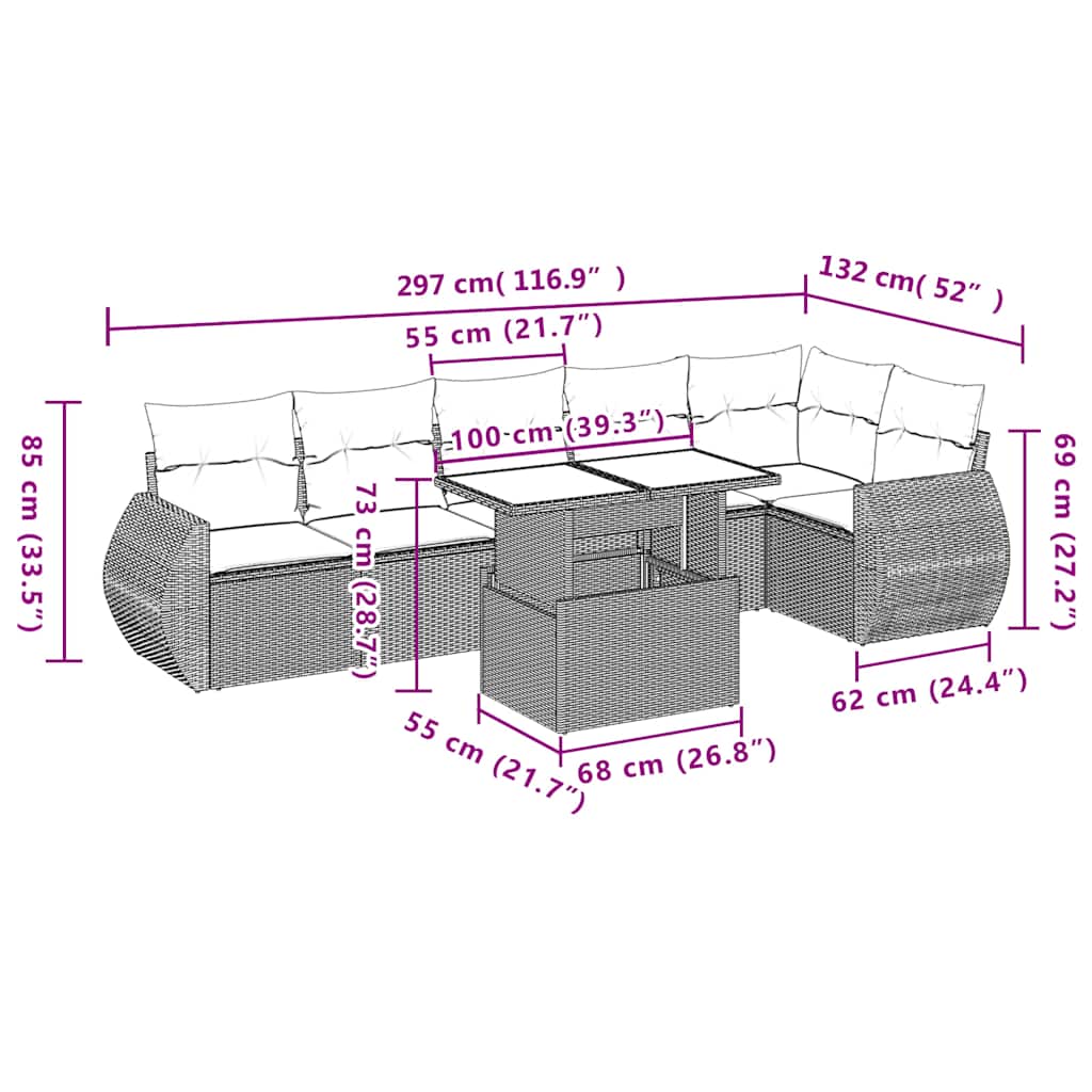 7-Teiliges Gartensofa-Set Mit Kissen, Es Polyrattan
