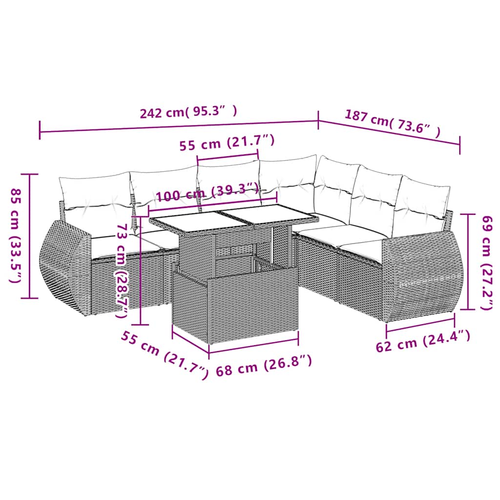 7-Teiliges Gartensofa-Set Mit Kissen, Es Polyrattan