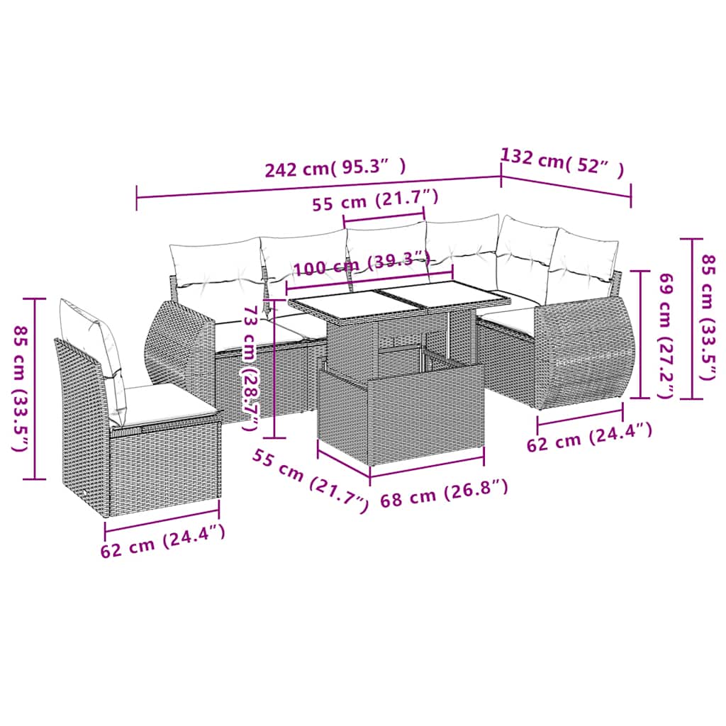 7-Teiliges Gartensofa-Set Mit Kissen, Es Polyrattan