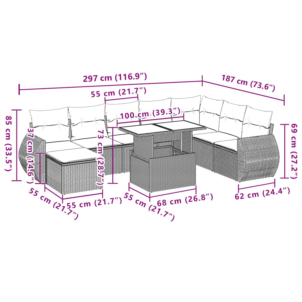 9-Teiliges Gartensofa-Set Mit Kissen, Es Polyrattan
