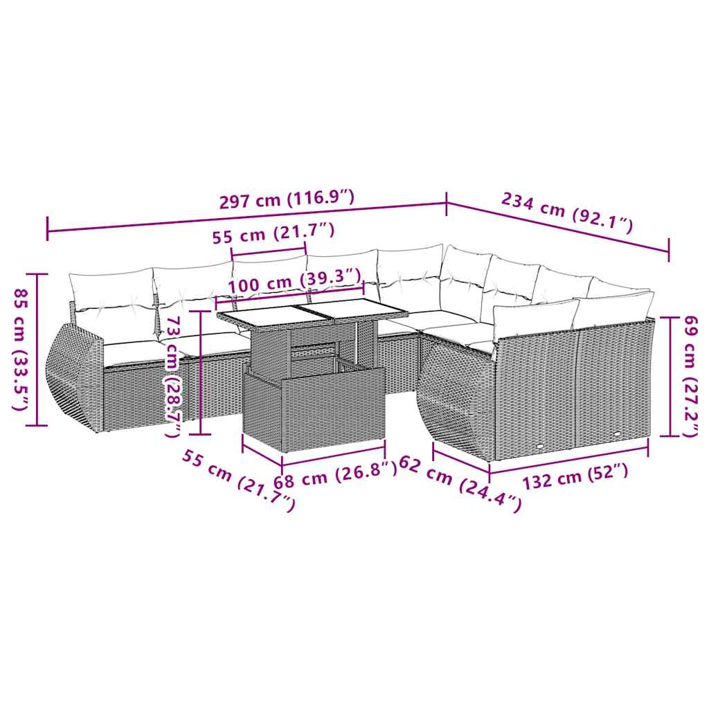 10-Teiliges Gartensofa-Set Mit Kissen, Es Polyrattan