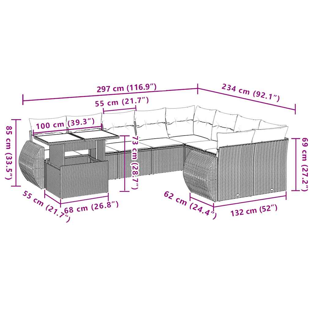 10-Teiliges Gartensofa-Set Mit Kissen, Es Polyrattan