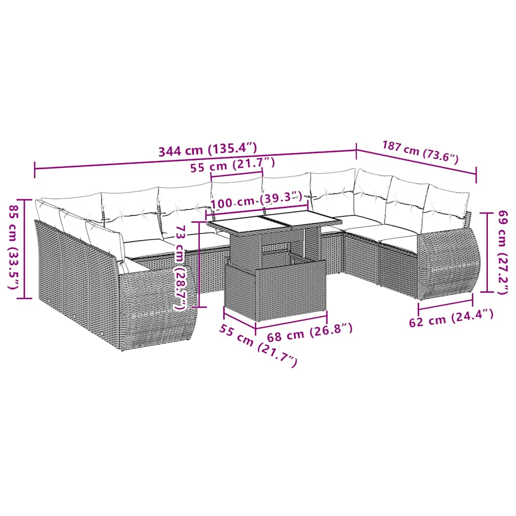 11-Teiliges Gartensofa-Set Mit Kissen, Es Polyrattan