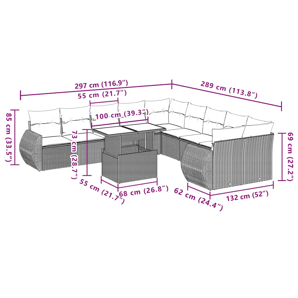 11-Teiliges Gartensofa-Set Mit Kissen, Es Polyrattan
