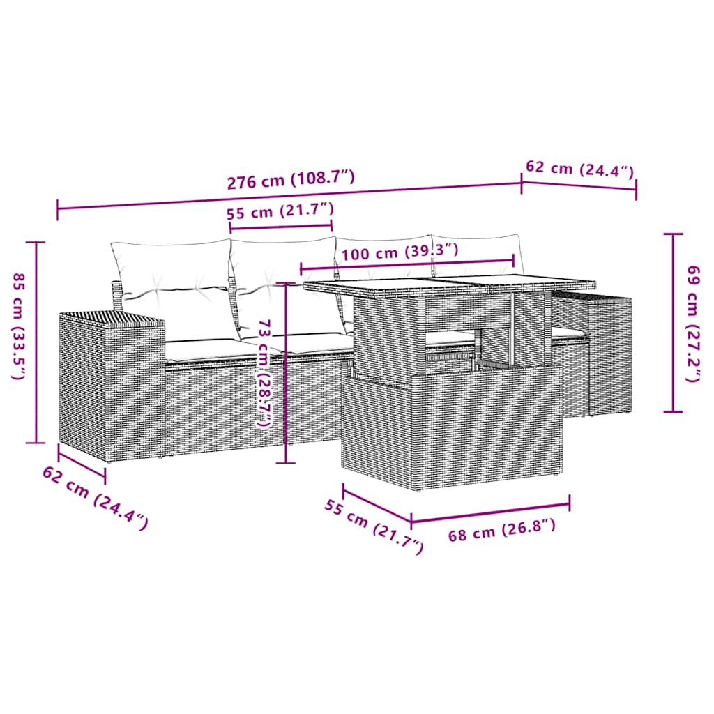5-Teiliges Gartensofa-Set Mit Kissen, Es Polyrattan