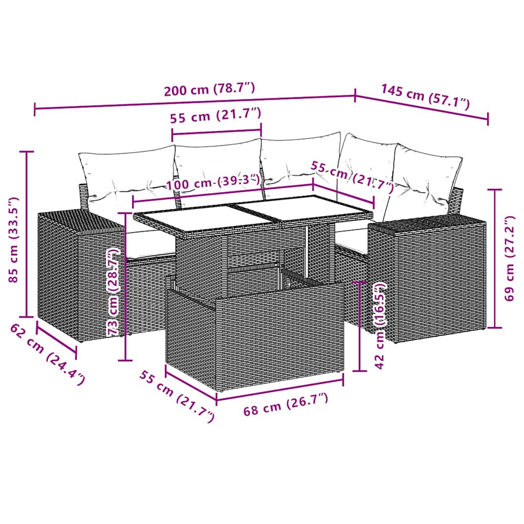 5-Teiliges Gartensofa-Set Mit Kissen, Es Polyrattan