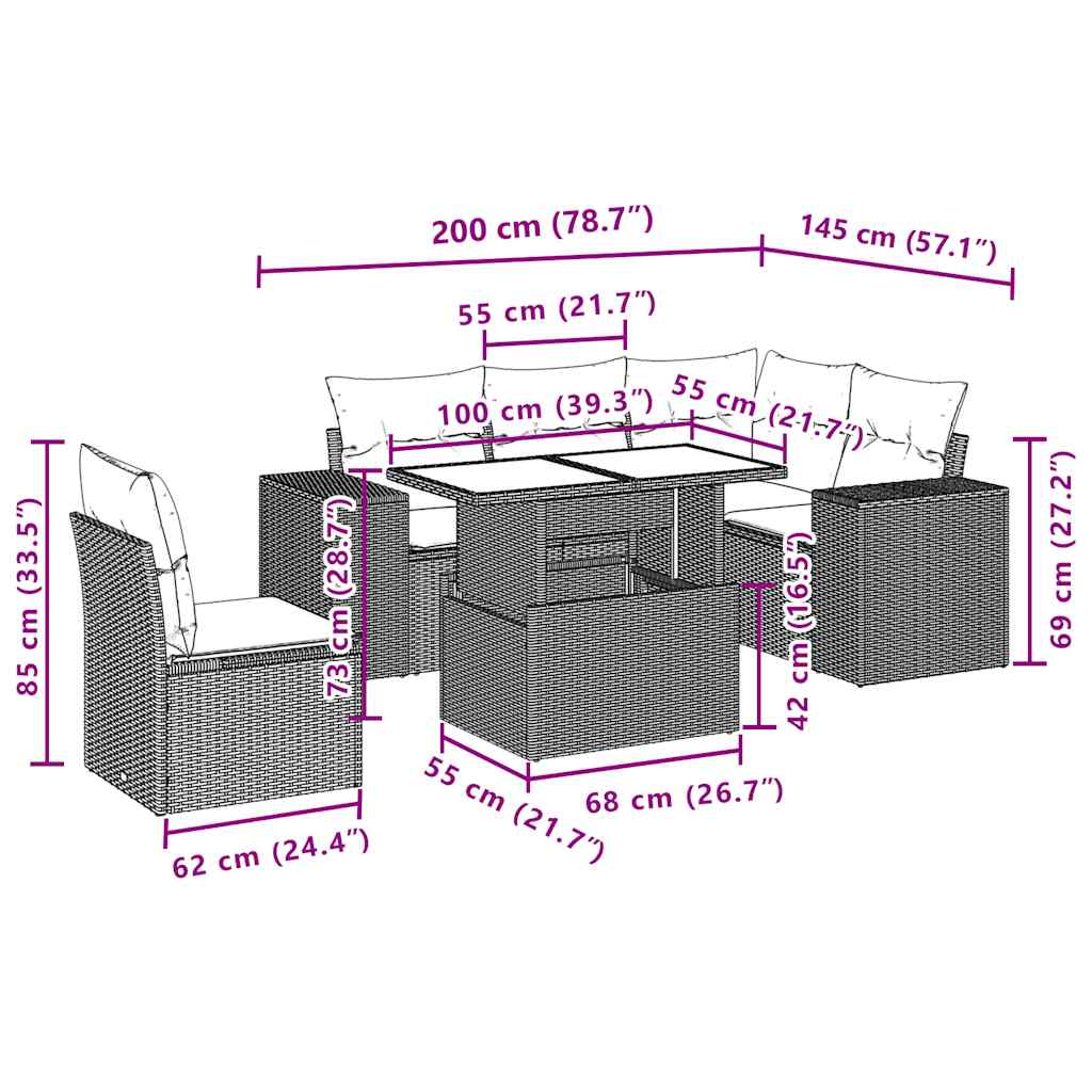 6-Teiliges Gartensofa-Set Mit Kissen, Es Polyrattan