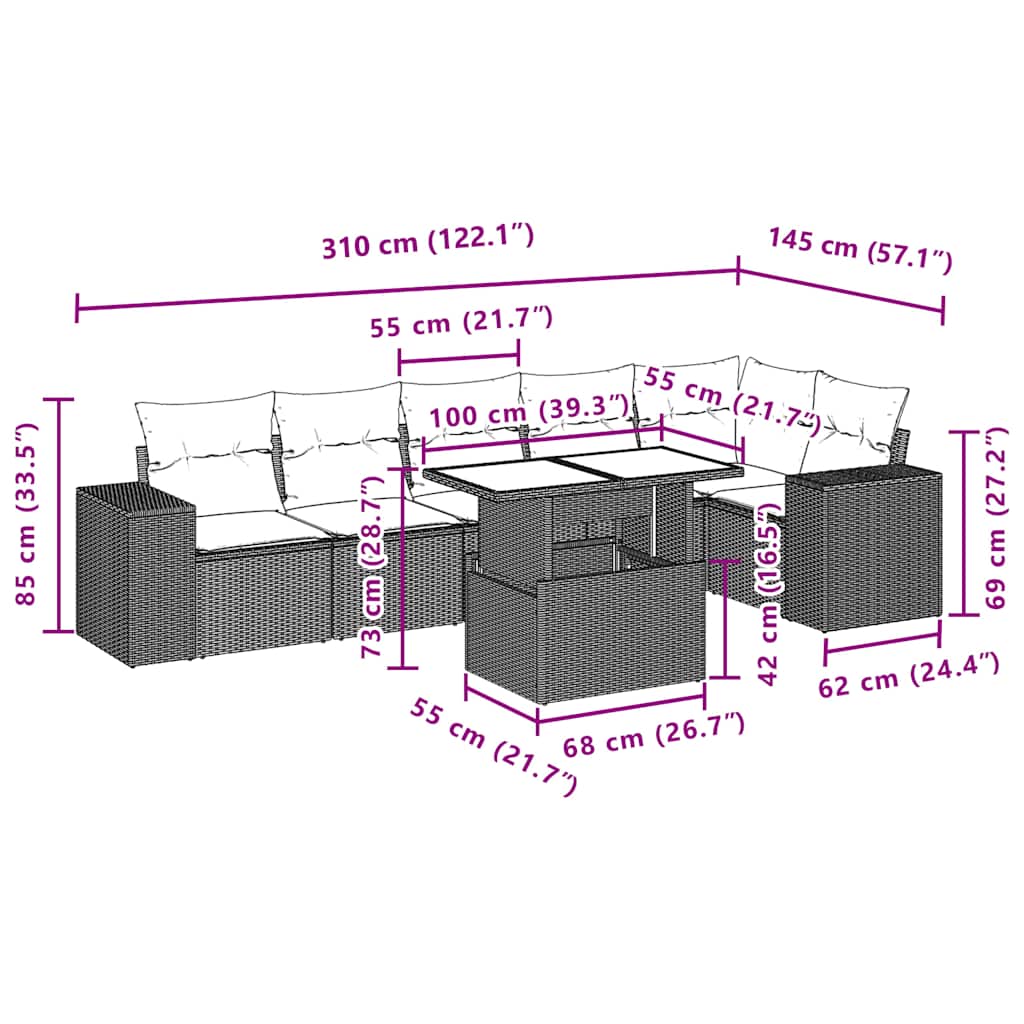 7-Teiliges Gartensofa-Set Mit Kissen, Es Polyrattan