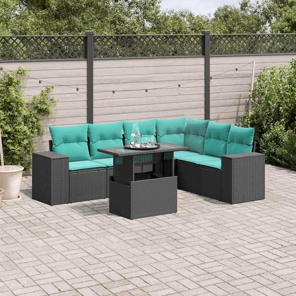 7-Tlg. Garten-Sofagarnitur Mit Kissen Poly Rattan Akazie