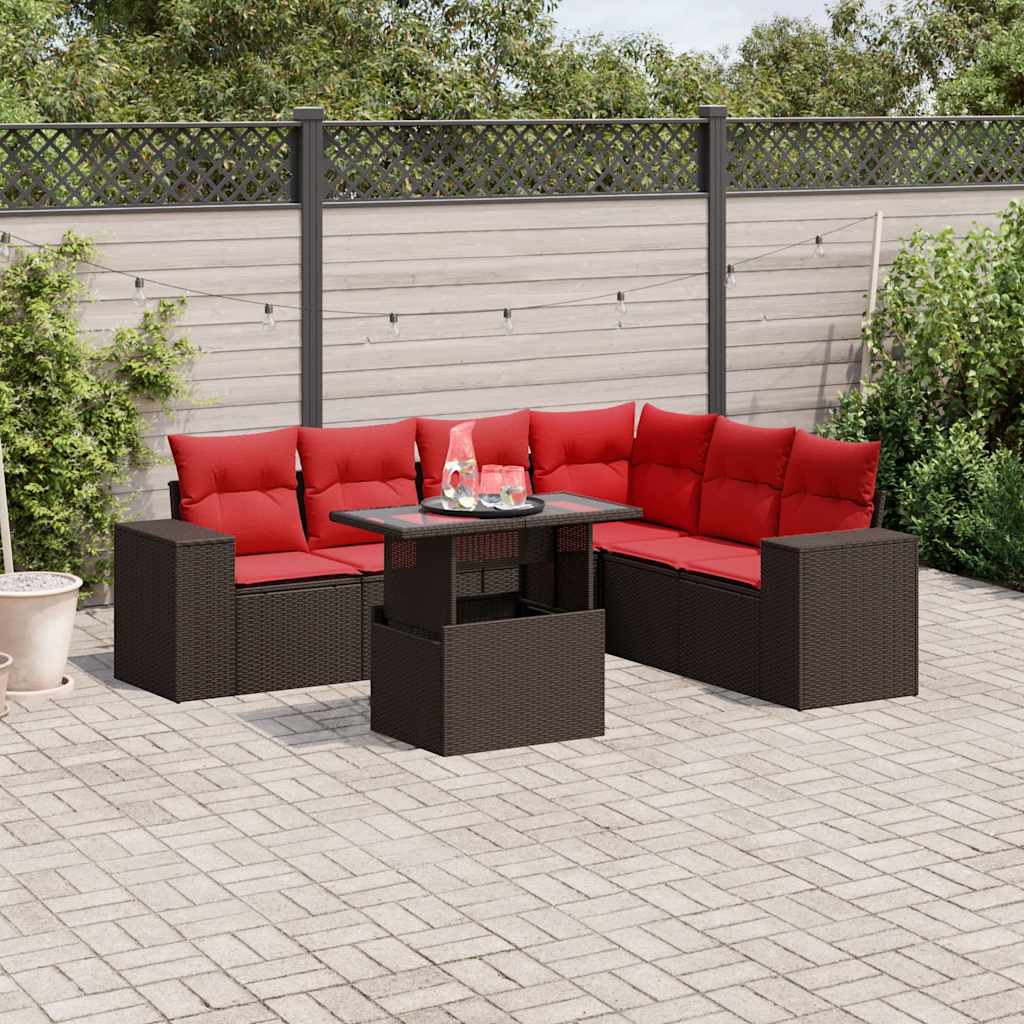 7-Tlg. Garten-Sofagarnitur Mit Kissen Poly Rattan Akazie