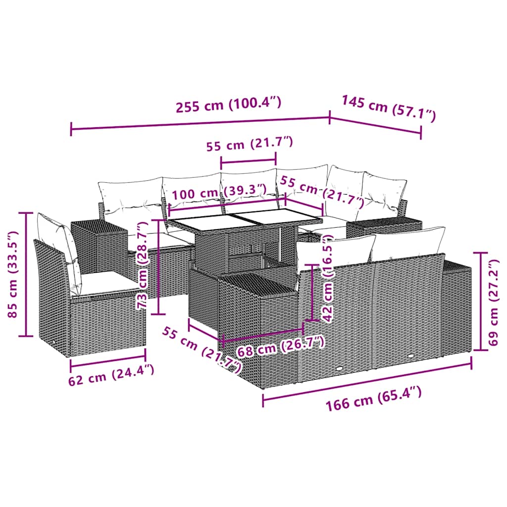 9-Teiliges Gartensofa-Set Mit Kissen, Es Polyrattan
