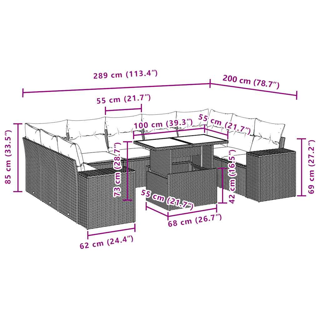10-Teiliges Gartensofa-Set Mit Kissen, Es Polyrattan