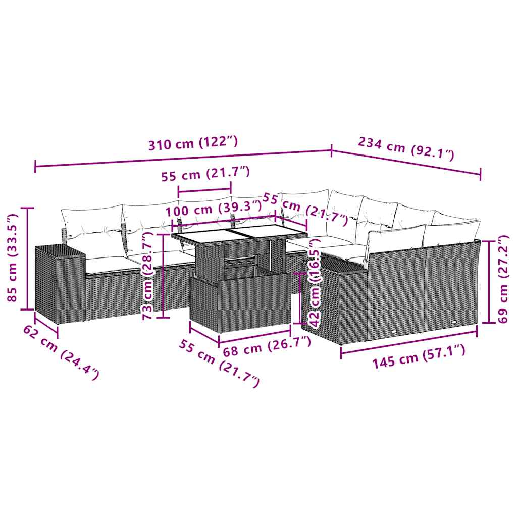 10-Teiliges Gartensofa-Set Mit Kissen, Es Polyrattan