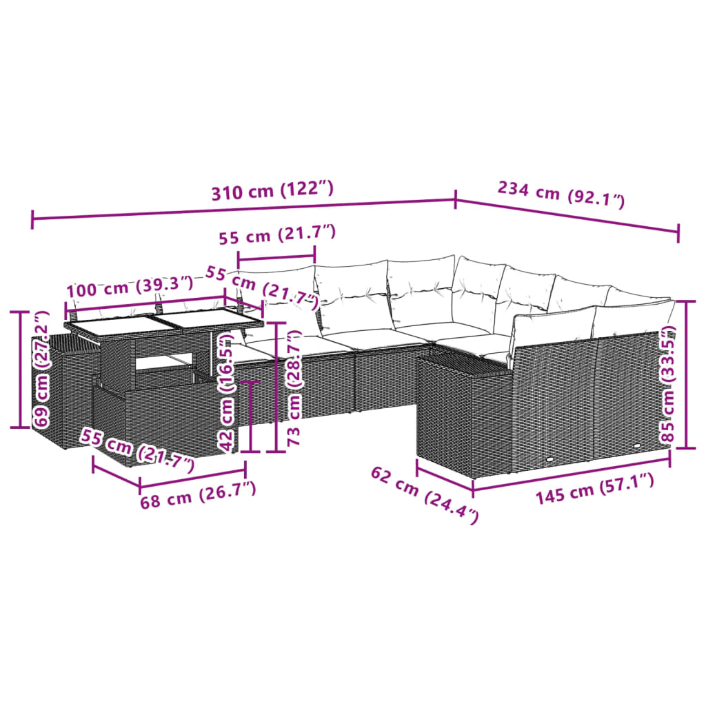 10-Tlg. Garten-Sofagarnitur Mit Kissen Poly Rattan