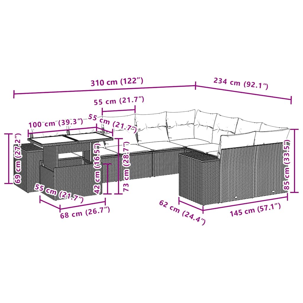 10-Teiliges Gartensofa-Set Mit Kissen, Es Polyrattan