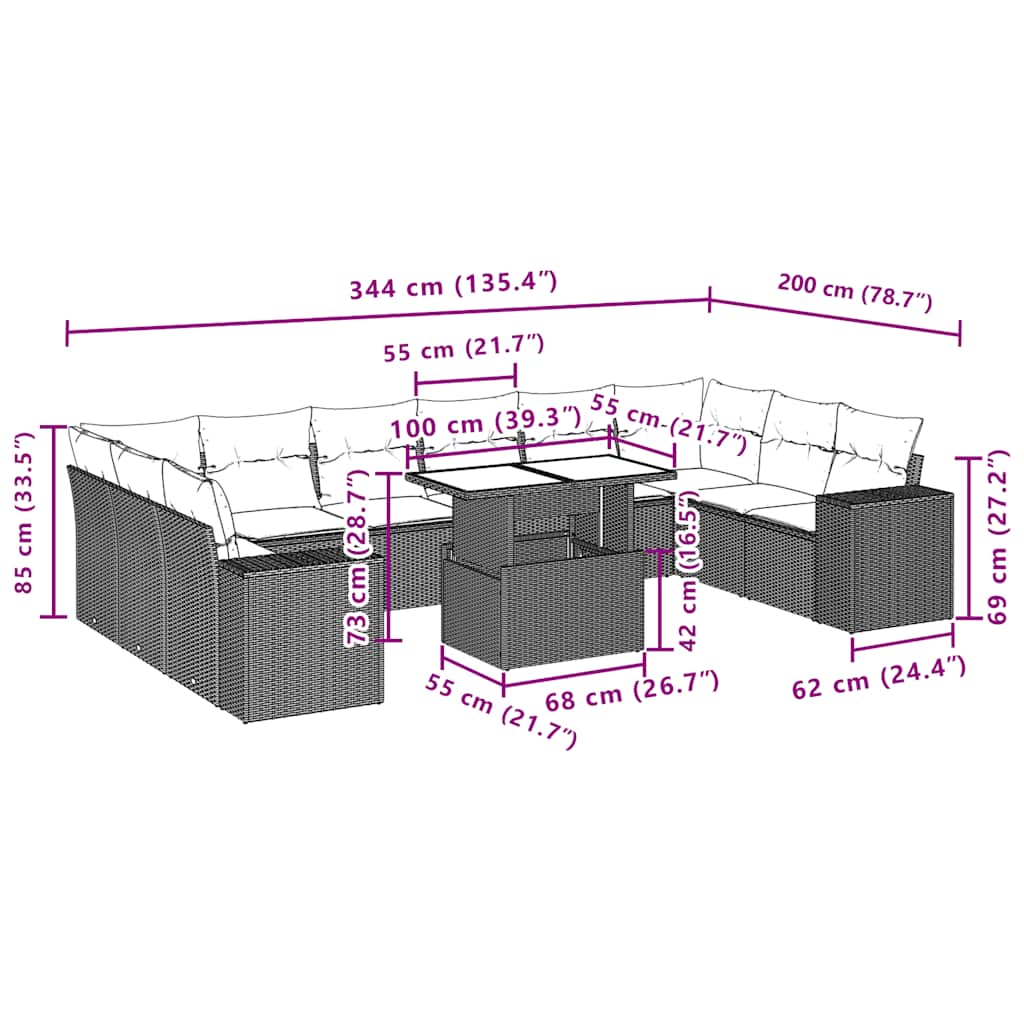 11-Teiliges Gartensofa-Set Mit Kissen, Es Polyrattan