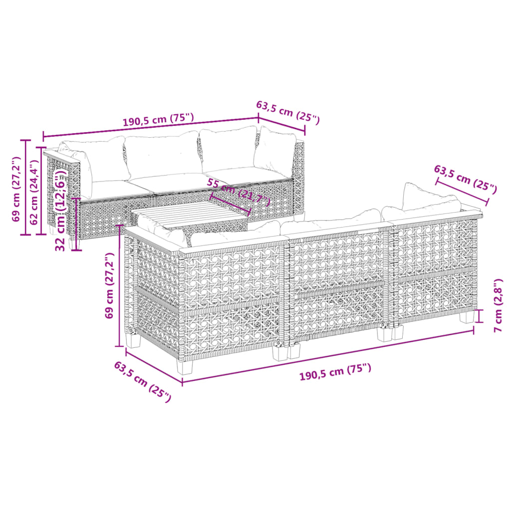 7-Tlg. Garten-Sofagarnitur Mit Kissen Poly Rattan