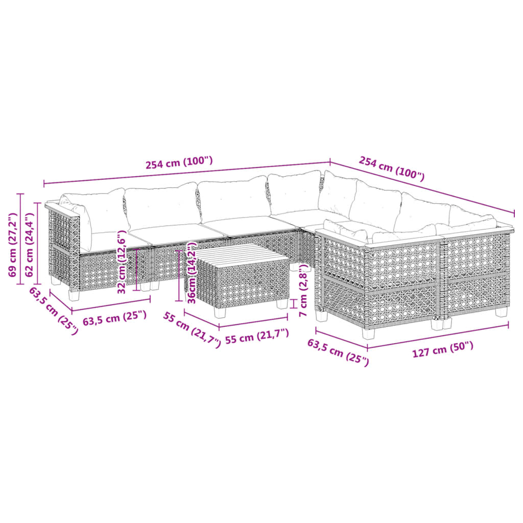 9-Tlg. Garten-Sofagarnitur Mit Kissen Poly Rattan