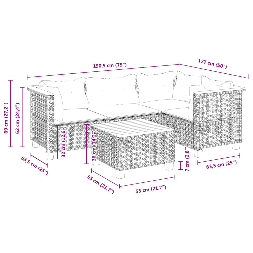 5-Tlg. Garten-Sofagarnitur Mit Kissen Poly Rattan