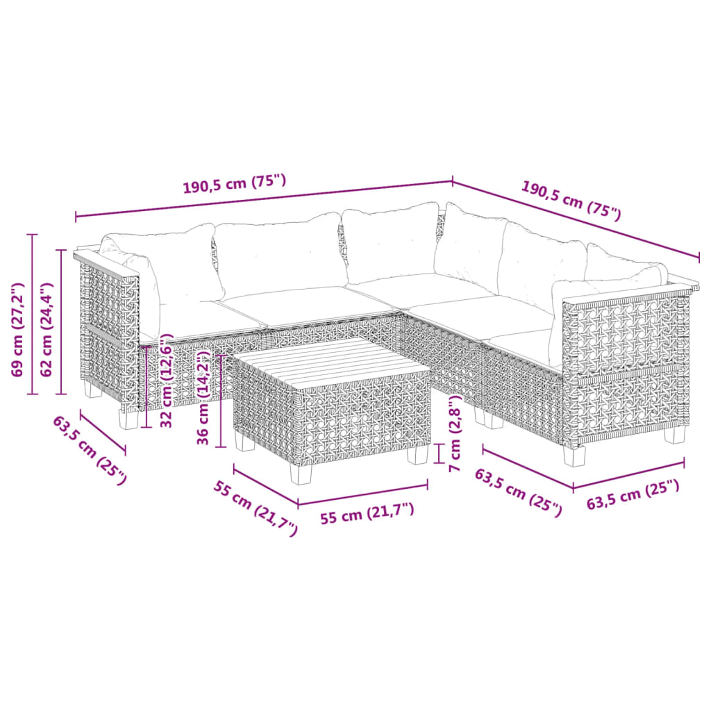 6-Tlg. Garten-Sofagarnitur Mit Kissen Poly Rattan
