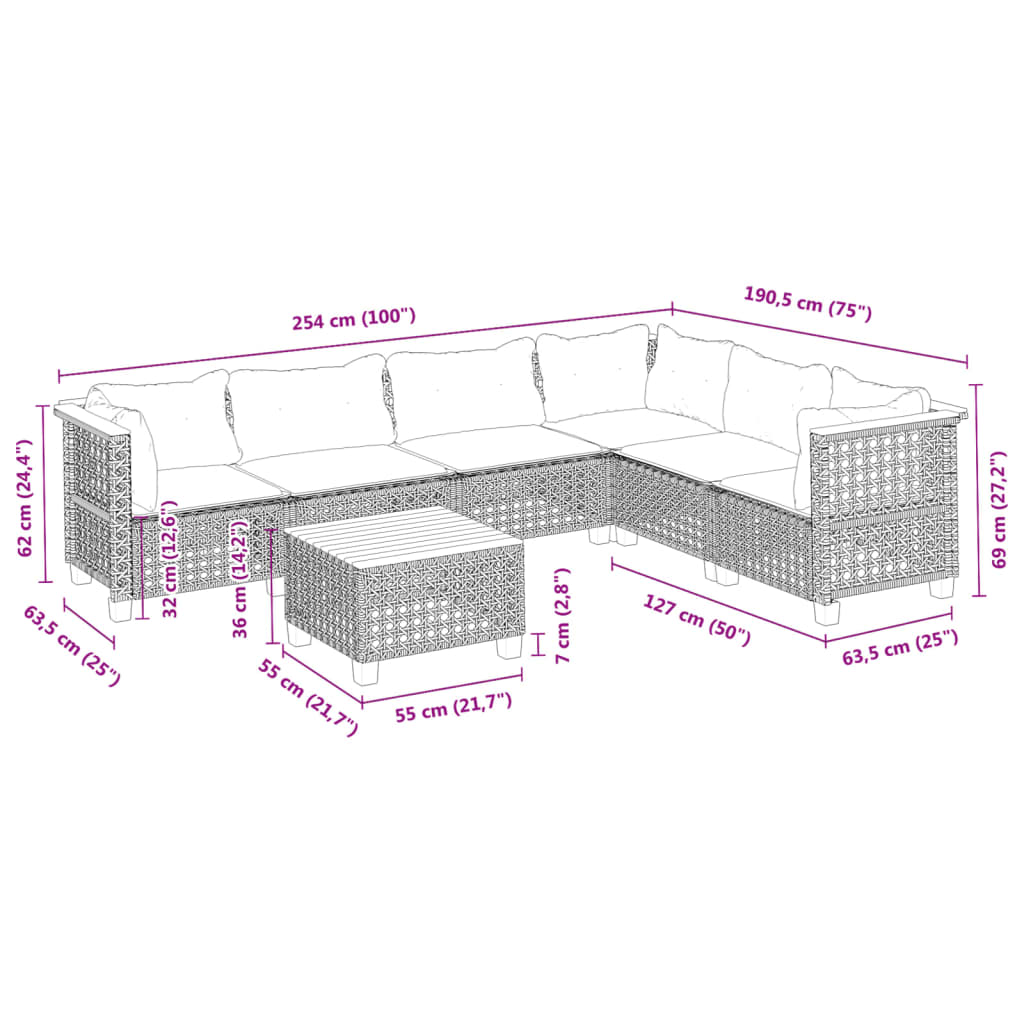 7-Tlg. Garten-Sofagarnitur Mit Kissen Poly Rattan