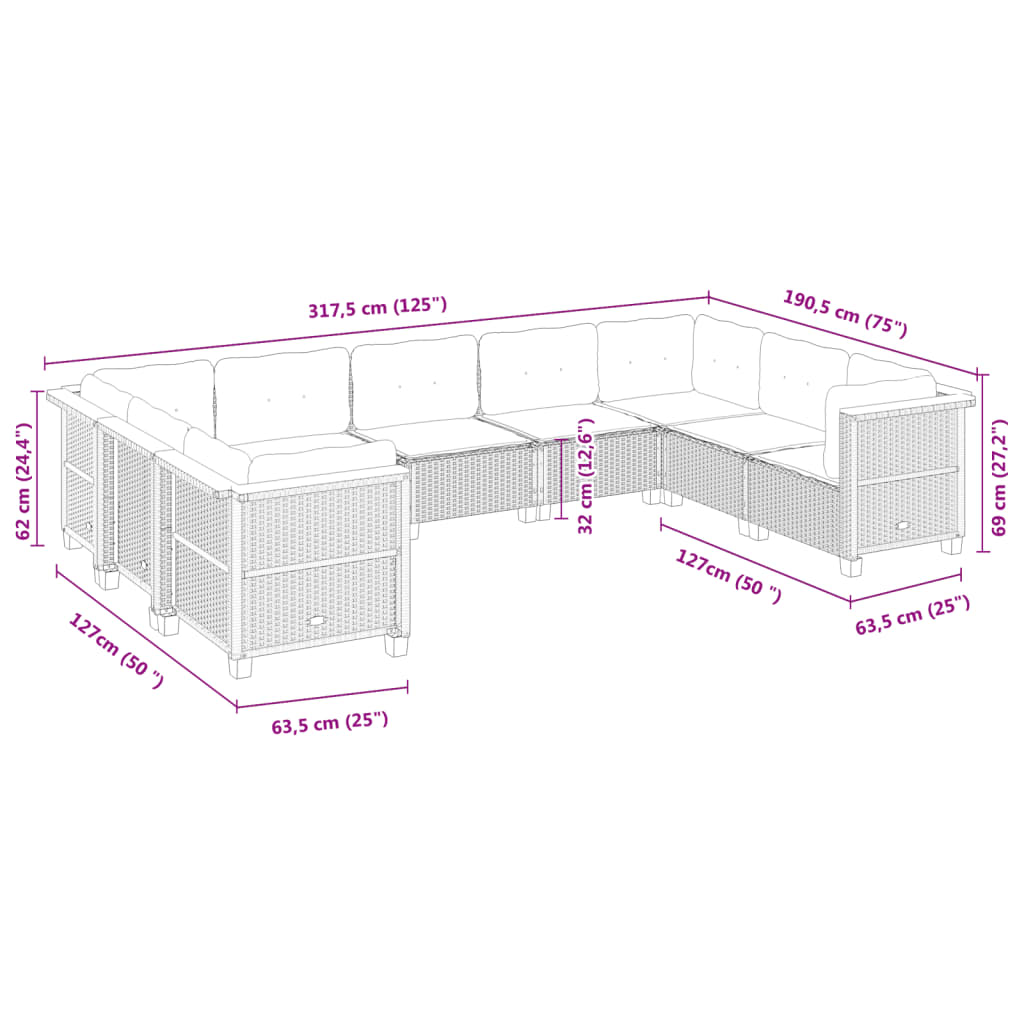 9-Tlg. Garten-Sofagarnitur Mit Kissen Poly Rattan