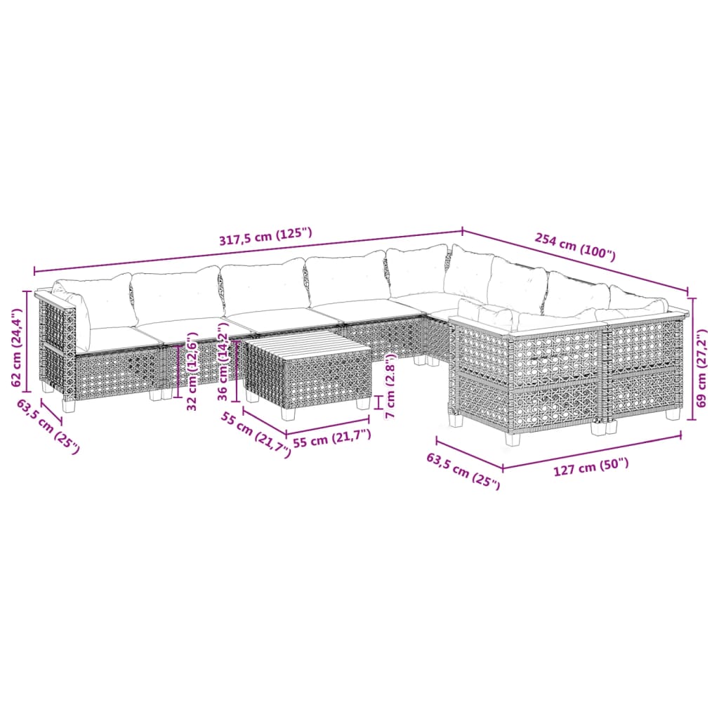 10-Tlg. Garten-Sofagarnitur Mit Kissen Poly Rattan
