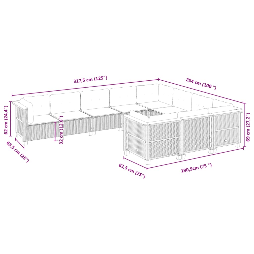 10-Tlg. Garten-Sofagarnitur Mit Kissen Poly Rattan