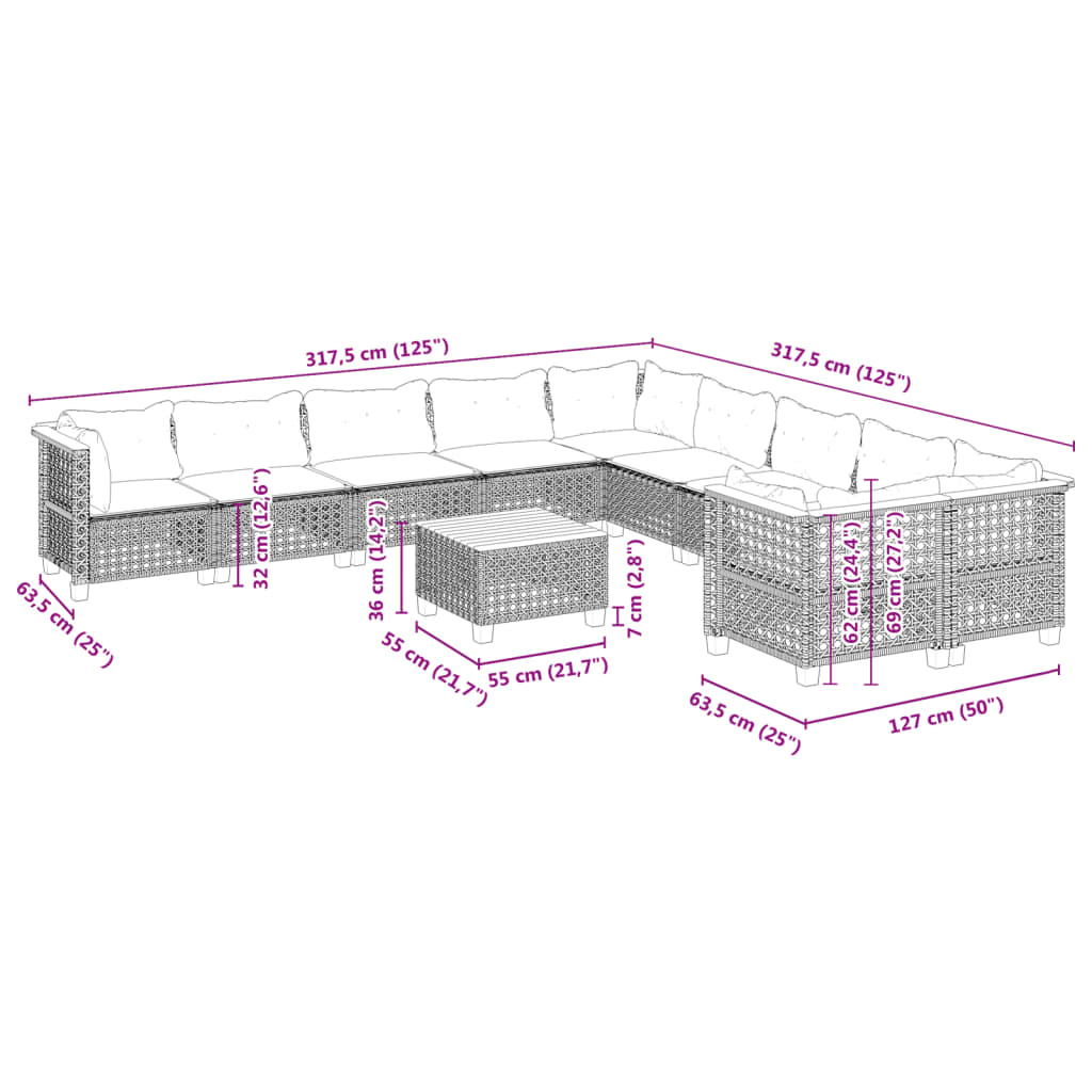 11-Tlg. Garten-Sofagarnitur Mit Kissen Poly Rattan