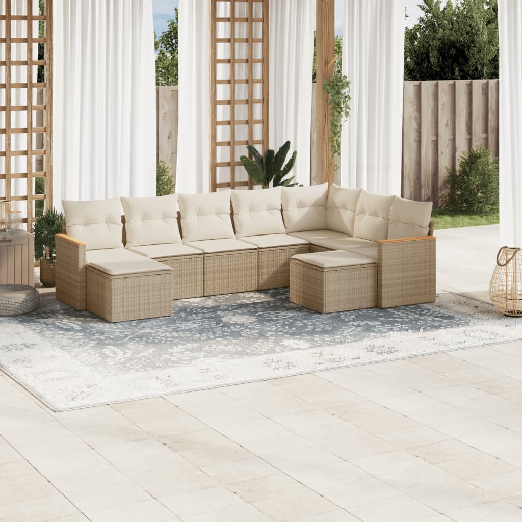 9-Tlg. Garten-Sofagarnitur Mit Kissen Beige Poly Rattan