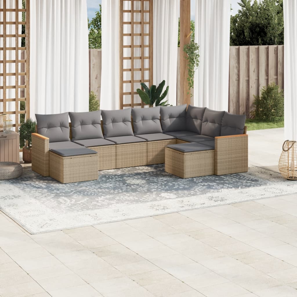 9-Tlg. Garten-Sofagarnitur Mit Kissen Beige Poly Rattan