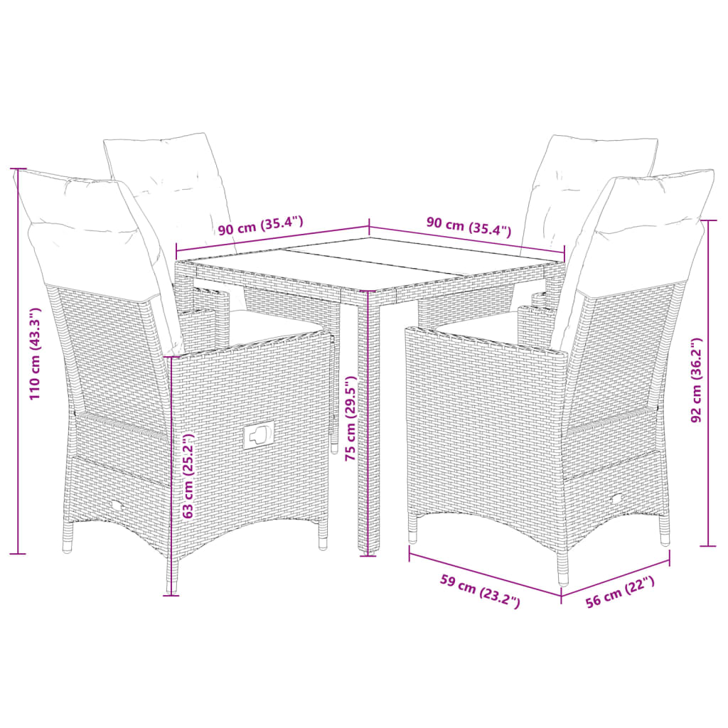 5-Tlg. Garten-Essgruppe Mit Kissen Grau Poly Rattan
