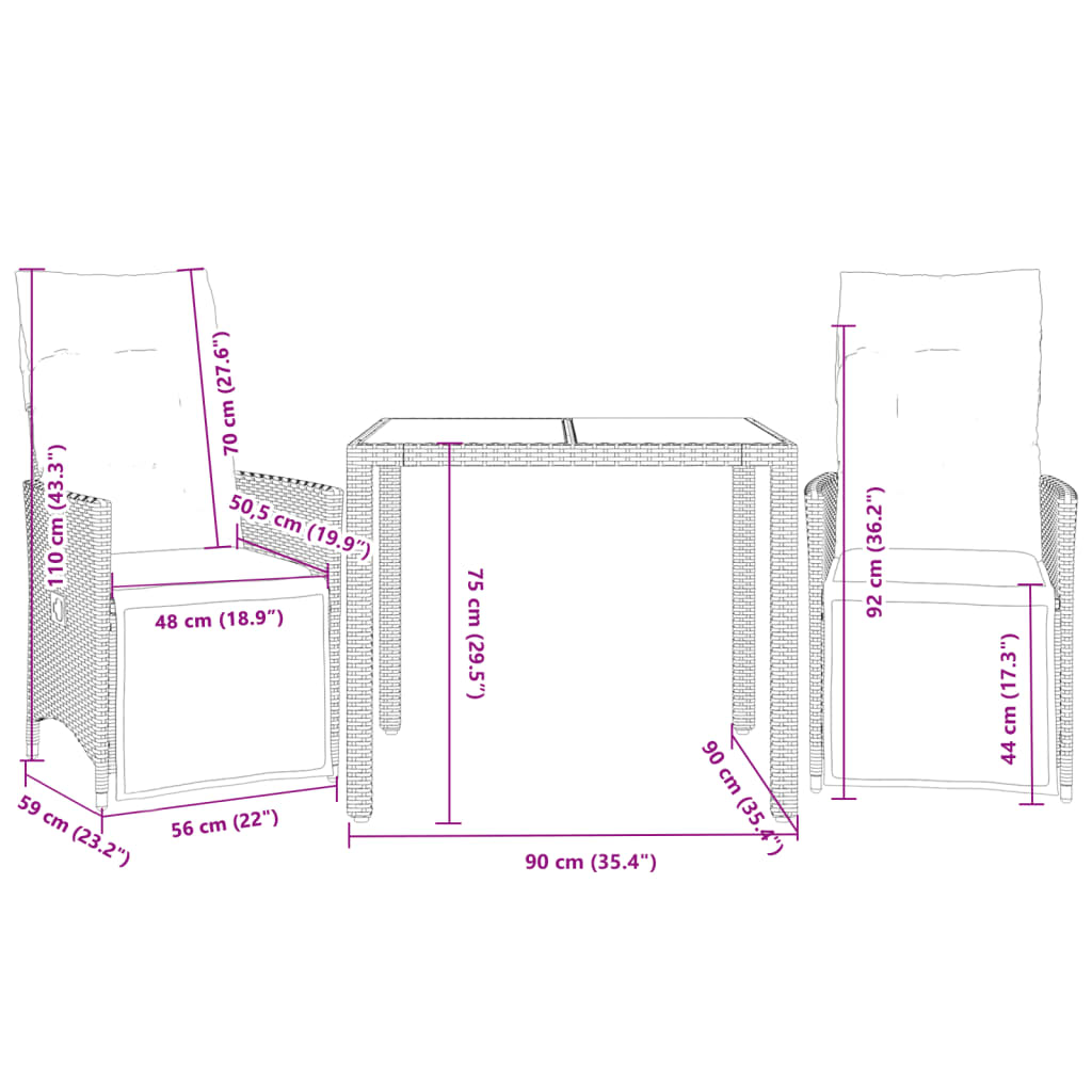 3-Tlg. Bistro-Set Mit Kissen Schwarz Poly Rattan