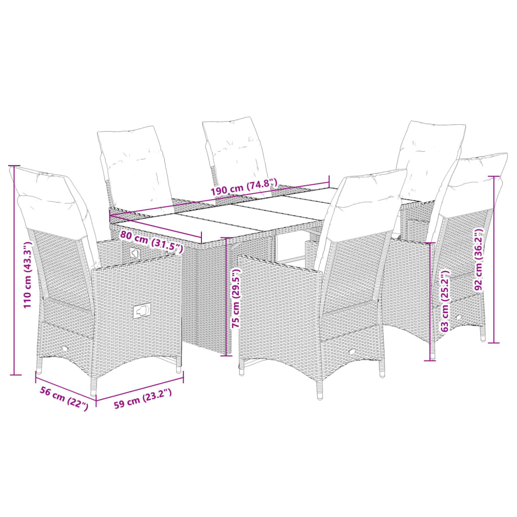 7-Tlg. Garten-Essgruppe Mit Kissen Schwarz Poly Rattan