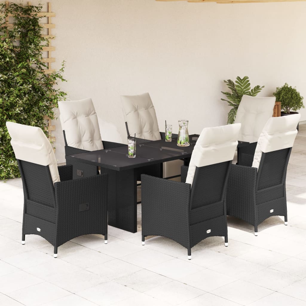 7-Tlg. Garten-Essgruppe Mit Kissen Schwarz Poly Rattan
